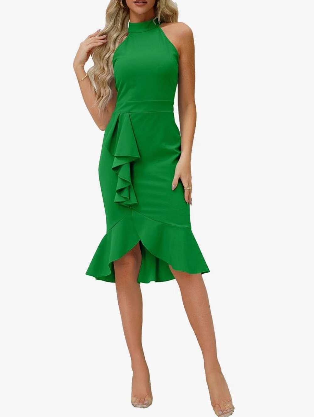 Women's Party Pencil Midi Dress Sleeveless Ruffle Slit